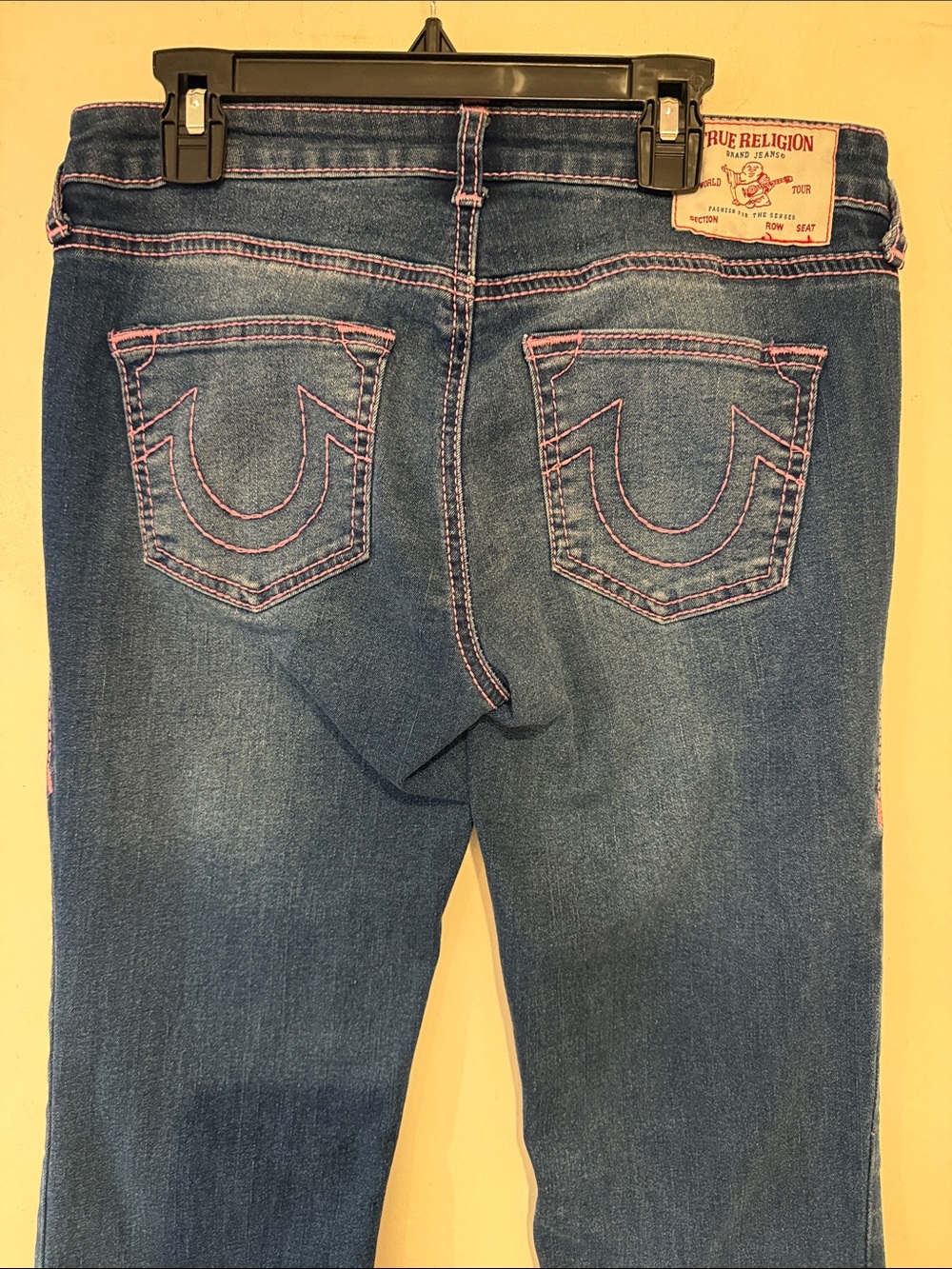 True Religion Women’s Blue Straight Leg Jeans with Pink Stitching